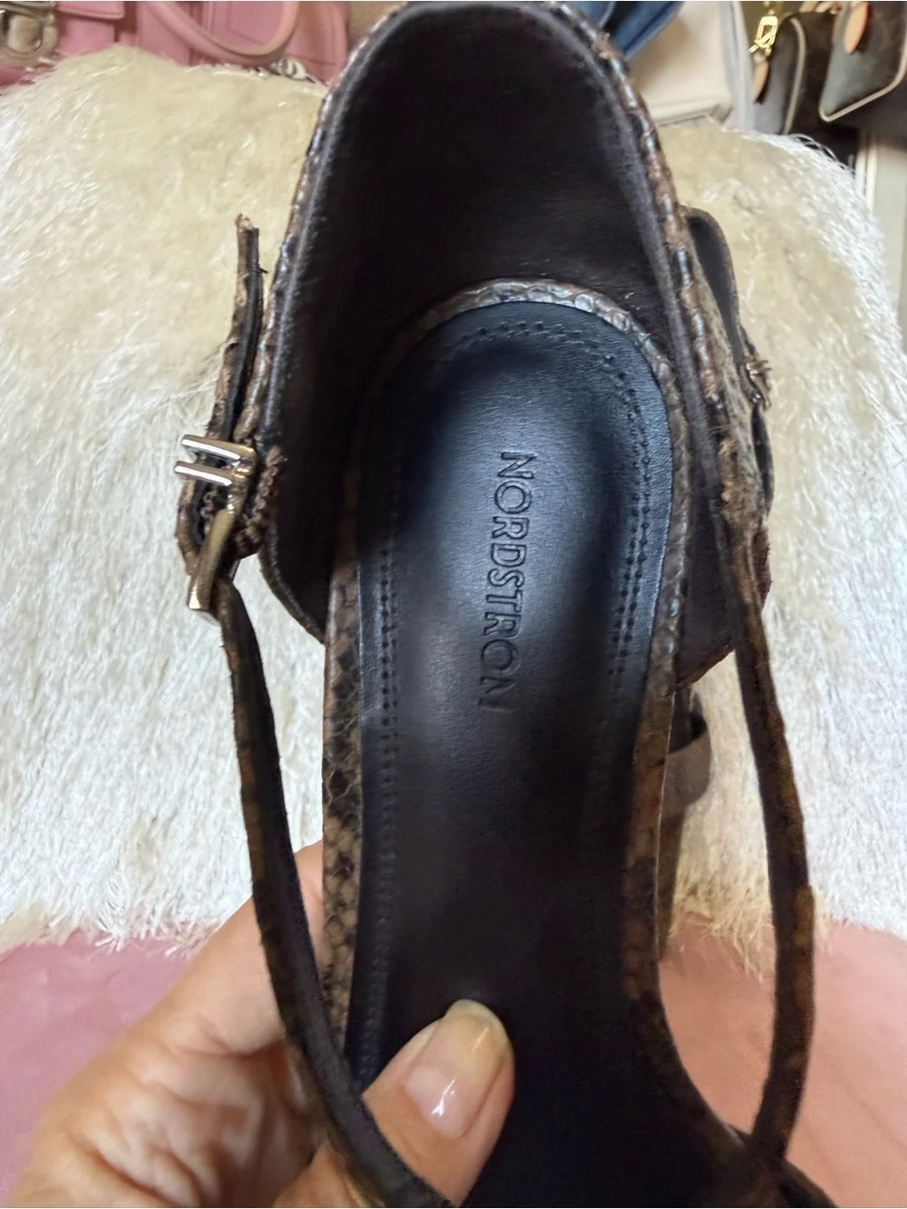 NORDSTROM Women's Brown & Black Snake-Print Leather Ankle Strap Heels. Size 7.5